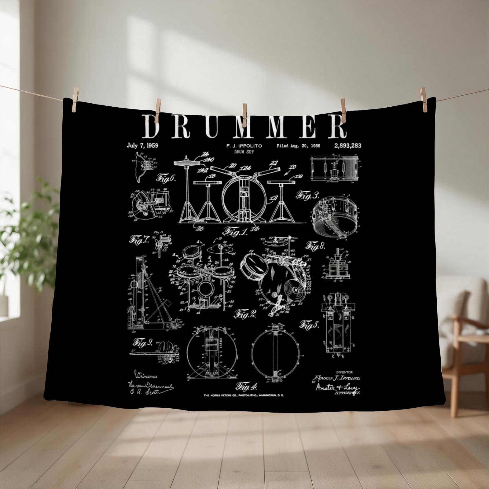 Fabric Weight Set - Drum Set Kit Vintage Patent Drummer